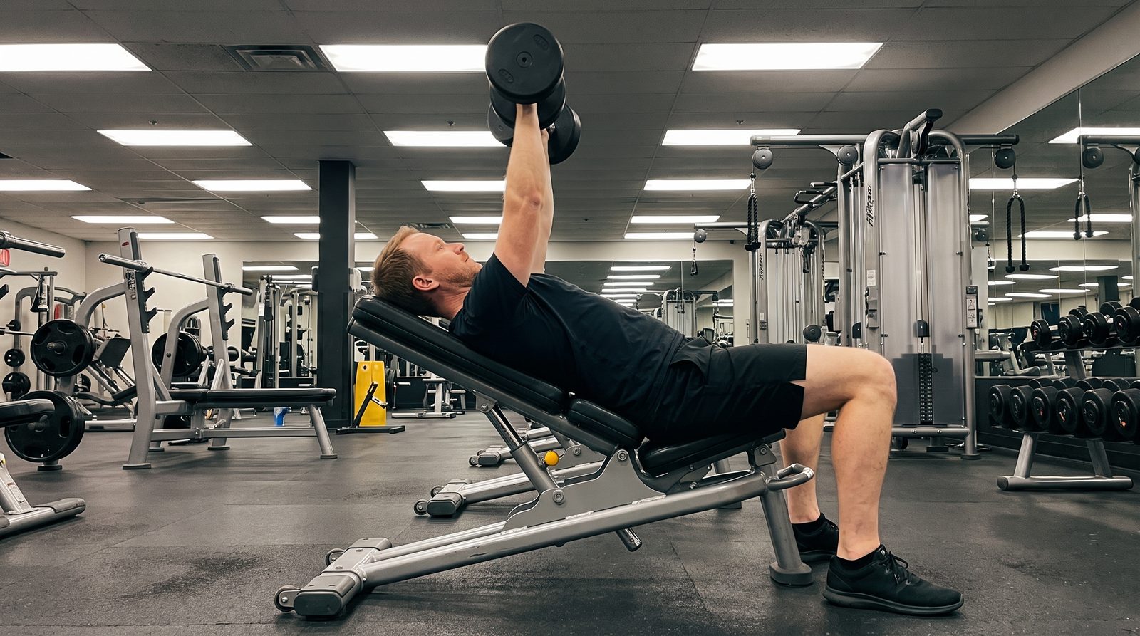A man in a black t-shirt pressing two dumbbells on an incline bench in a gym
