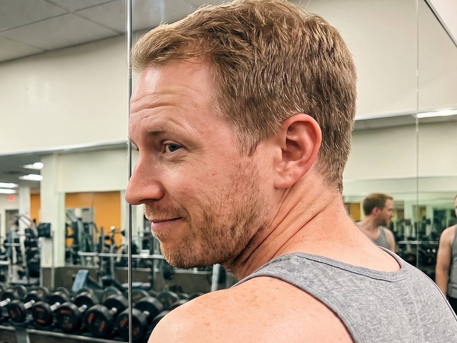 A man in a grey tank top glancing over his shoulder at his own traps in a gym mirror with a half smile