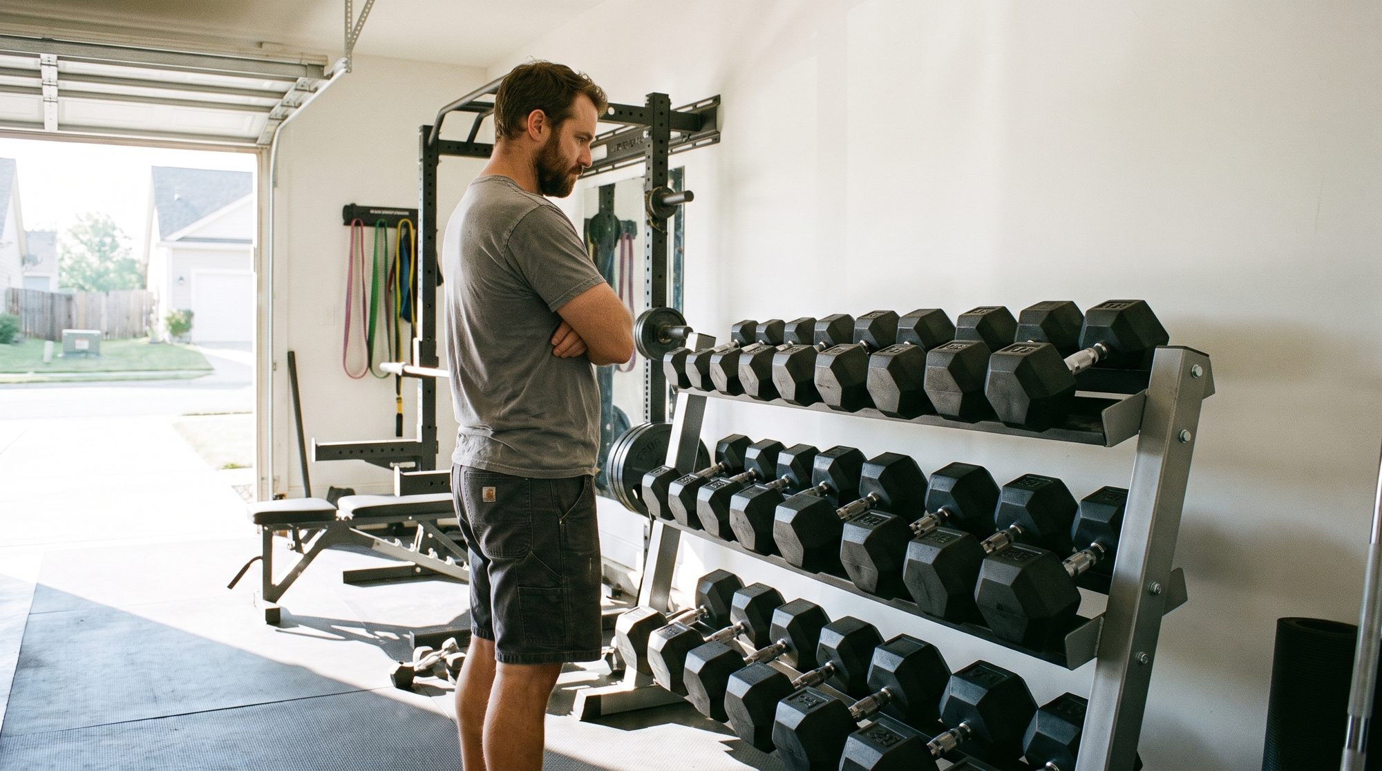 A man stands with his arms folded in a suburban garage gym, looking at a three-tier rack holding a full set of black hex dumbbells.