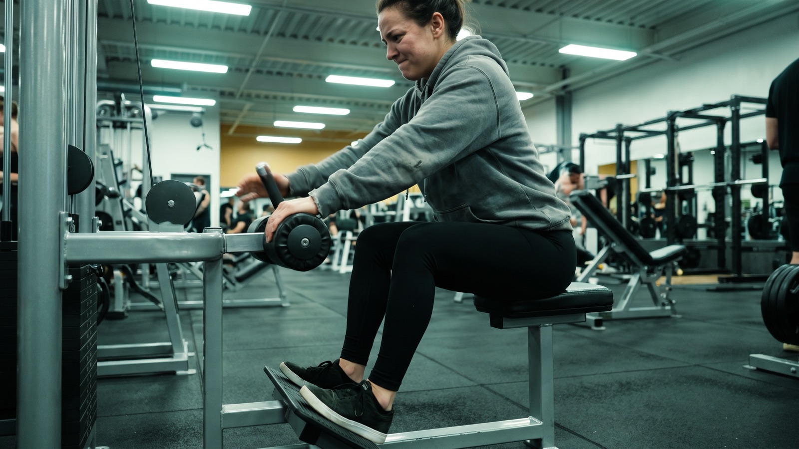 A woman on a seated calf raise machine in a busy gym, jaw set with effort and both hands braced on the knee pad near the end of a hard set