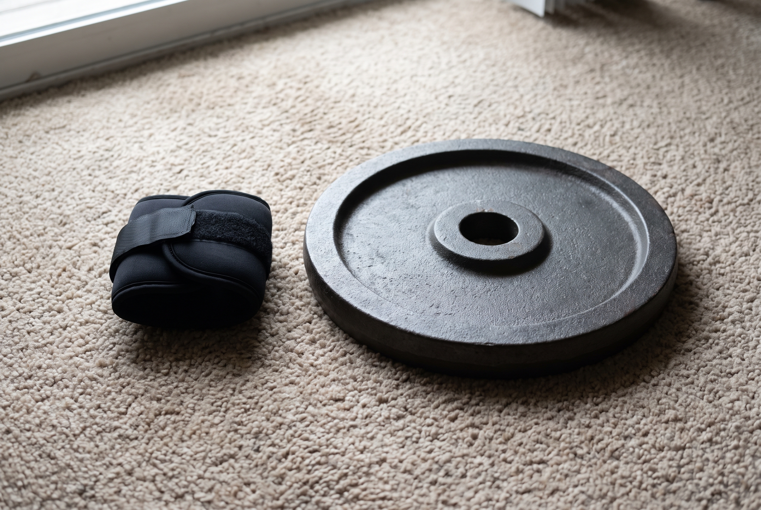 A small soft neoprene ankle weight on a carpet next to a cast iron weight plate several times its size
