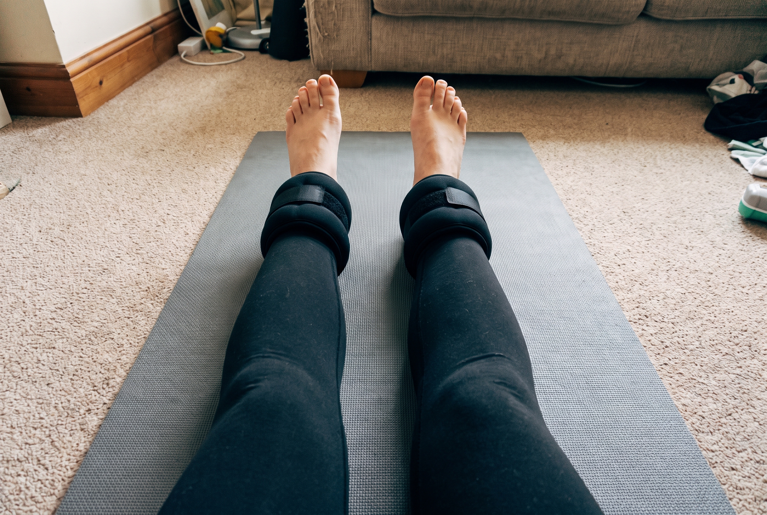 Looking down at a pair of legs on an exercise mat with small soft ankle weights fastened around each ankle
