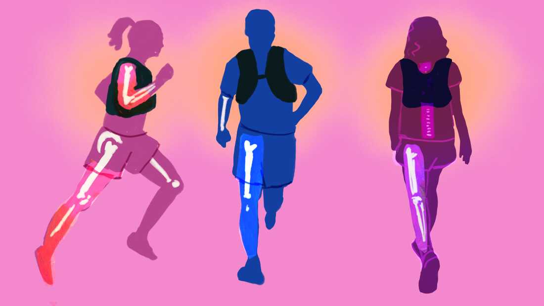 Illustrated silhouettes of three people walking and running in weighted vests with glowing skeletal bones visible through their bodies