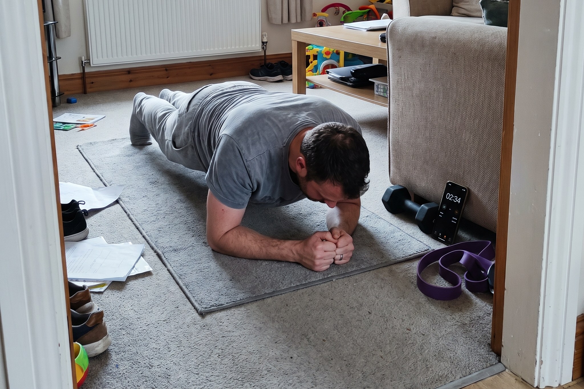 A man holding a plank on a rug in his living room with a phone timer running beside him