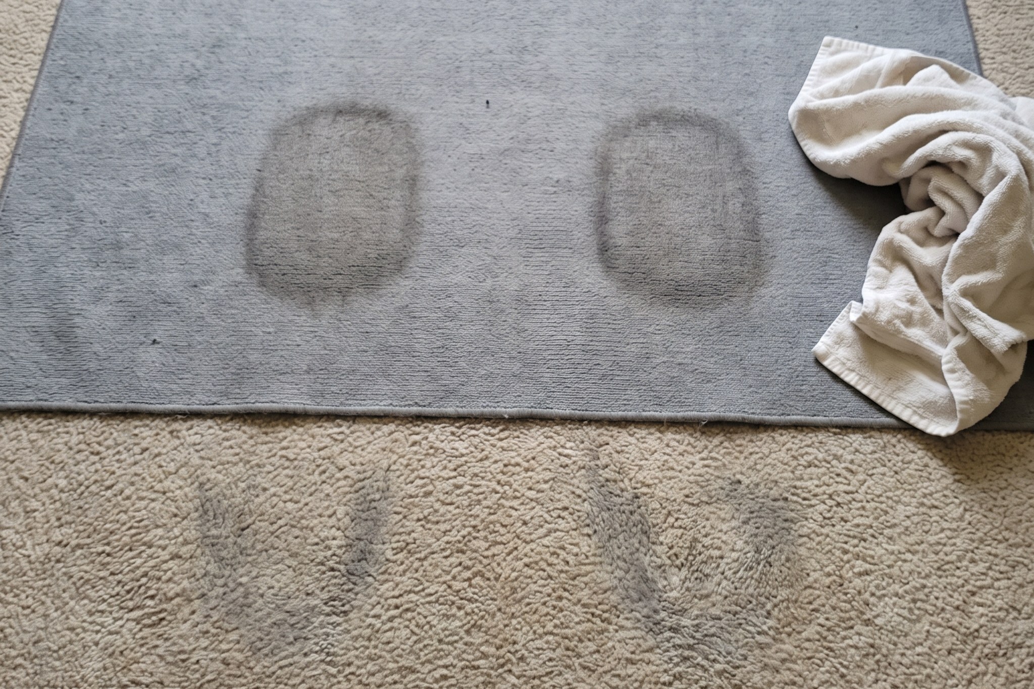 Two worn oval patches on a grey exercise rug where hands have been placed thousands of times
