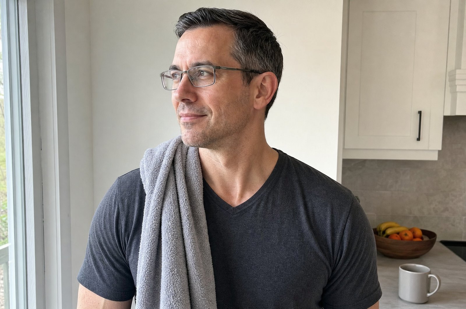 The author in his kitchen after a morning session, a towel over one shoulder