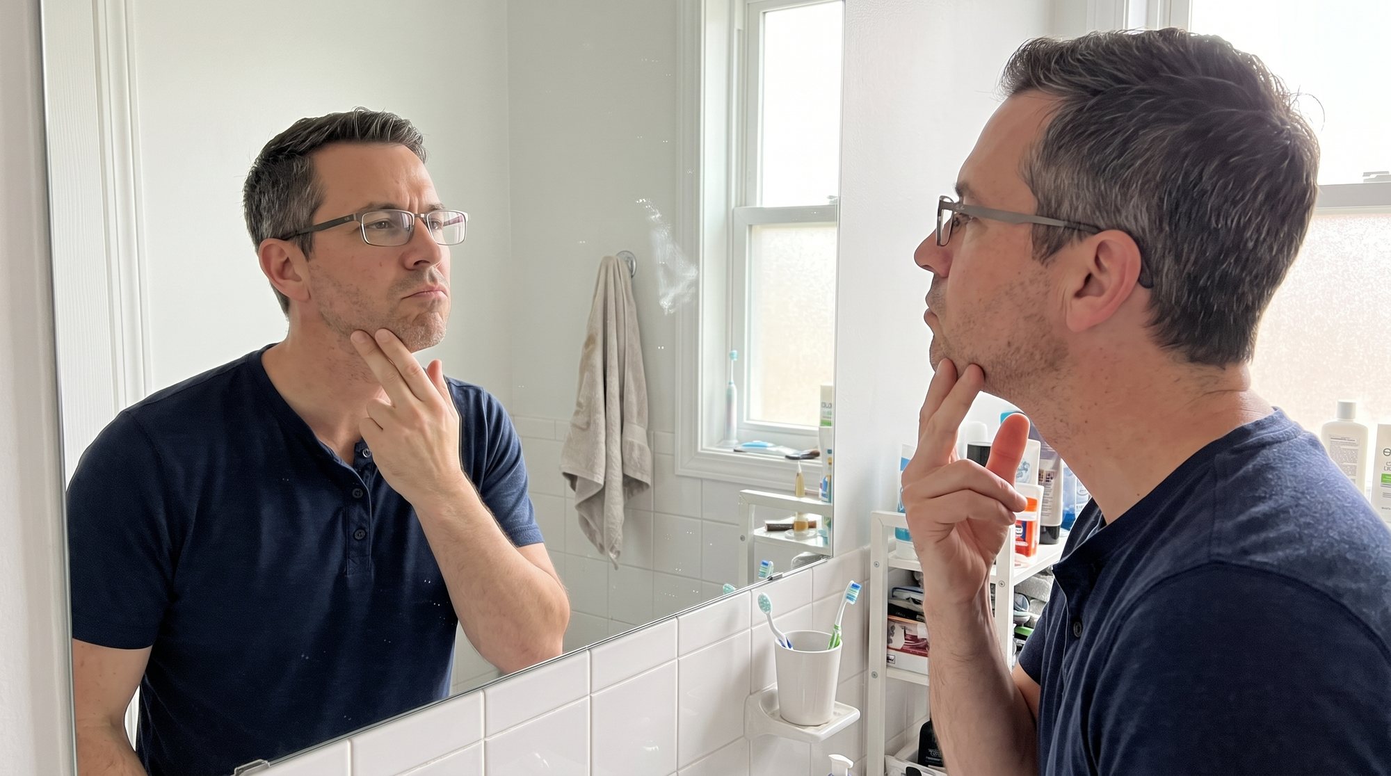 The author in a bathroom mirror, hand on his chin, turning his head to look at the side of his neck