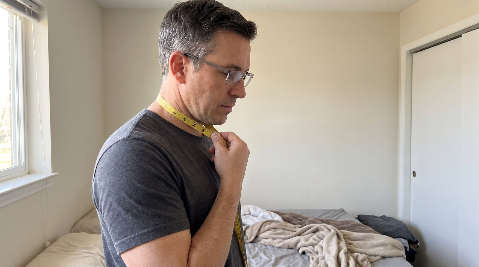 The author in his bedroom running a yellow tape measure around his neck