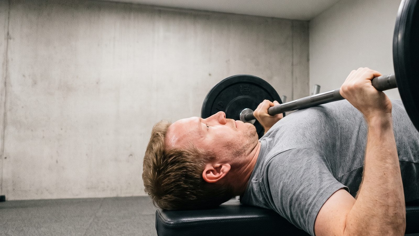 A tall lifter at the bottom of a bench press, photographed from the side, with the barbell touching his chest and his elbows wide