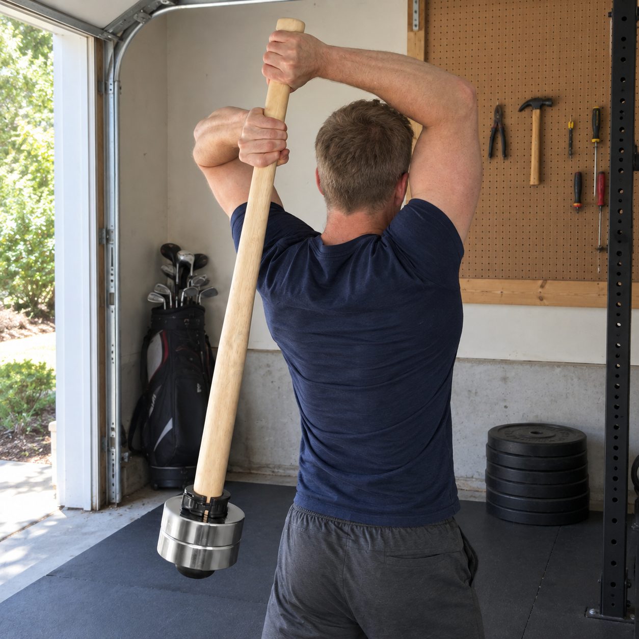 The author in his garage holding the wooden EZ-MACE PRO behind his back, two chrome plates on the end