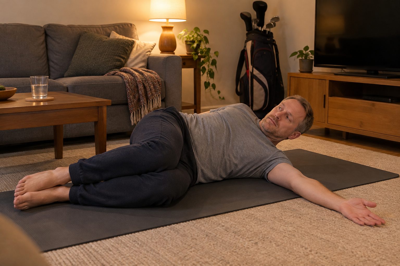 The author lying on his side on a mat in his living room, stretching his upper back, a golf bag in the corner
