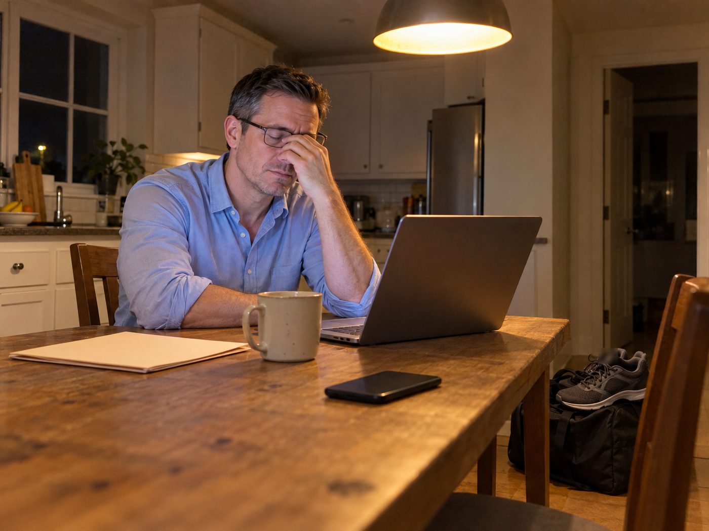 A tired man in a work shirt rubs his eyes at the kitchen table late at night, his gym bag and shoes untouched on the floor