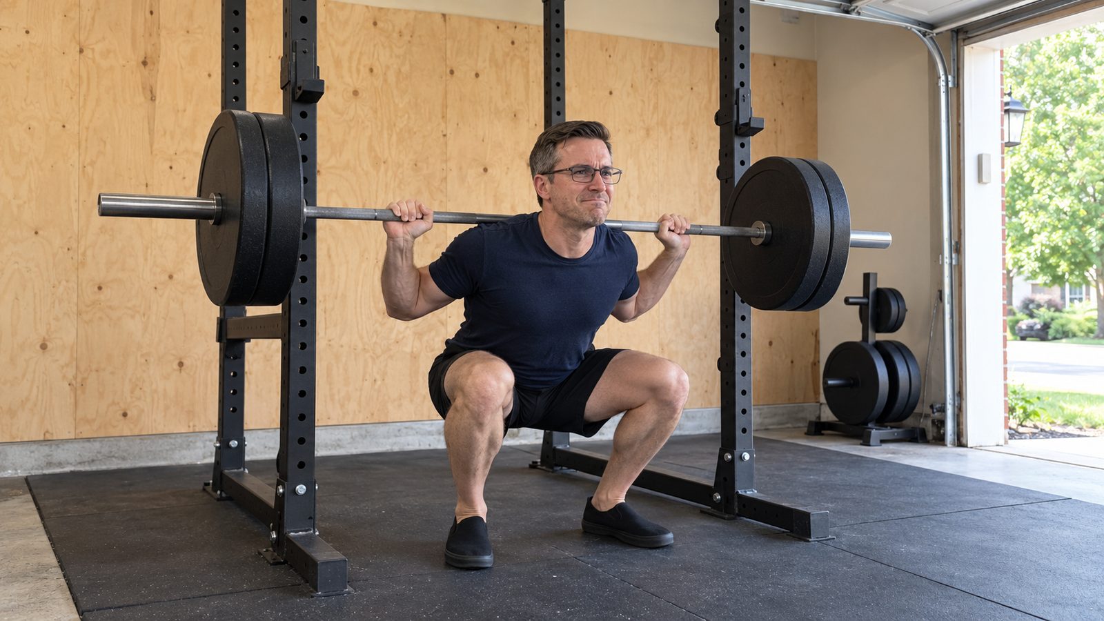 A man in glasses holds the bottom of a heavy barbell squat inside a rack in his garage