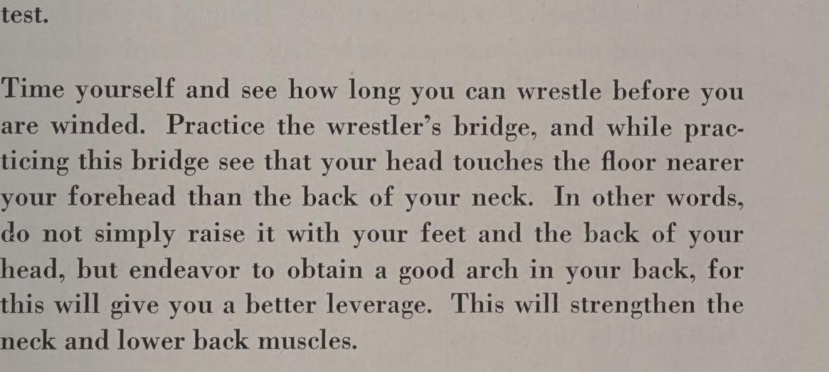 Scanned page from a 1924 manual instructing the reader to practice the wrestler's bridge with the head rolled toward the forehead