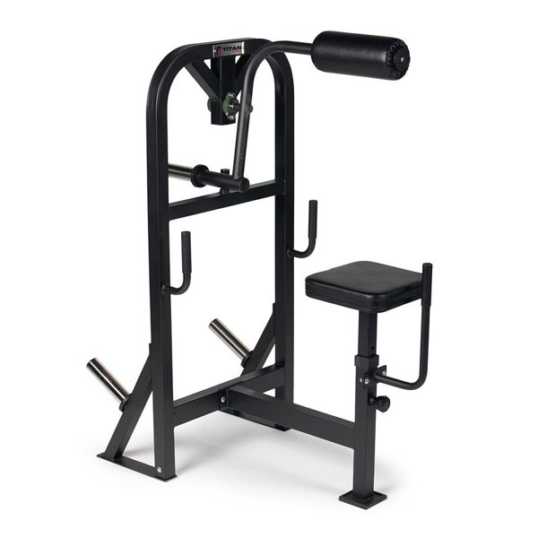 Titan plate-loaded neck machine with a padded head rest, plate horns and a seat