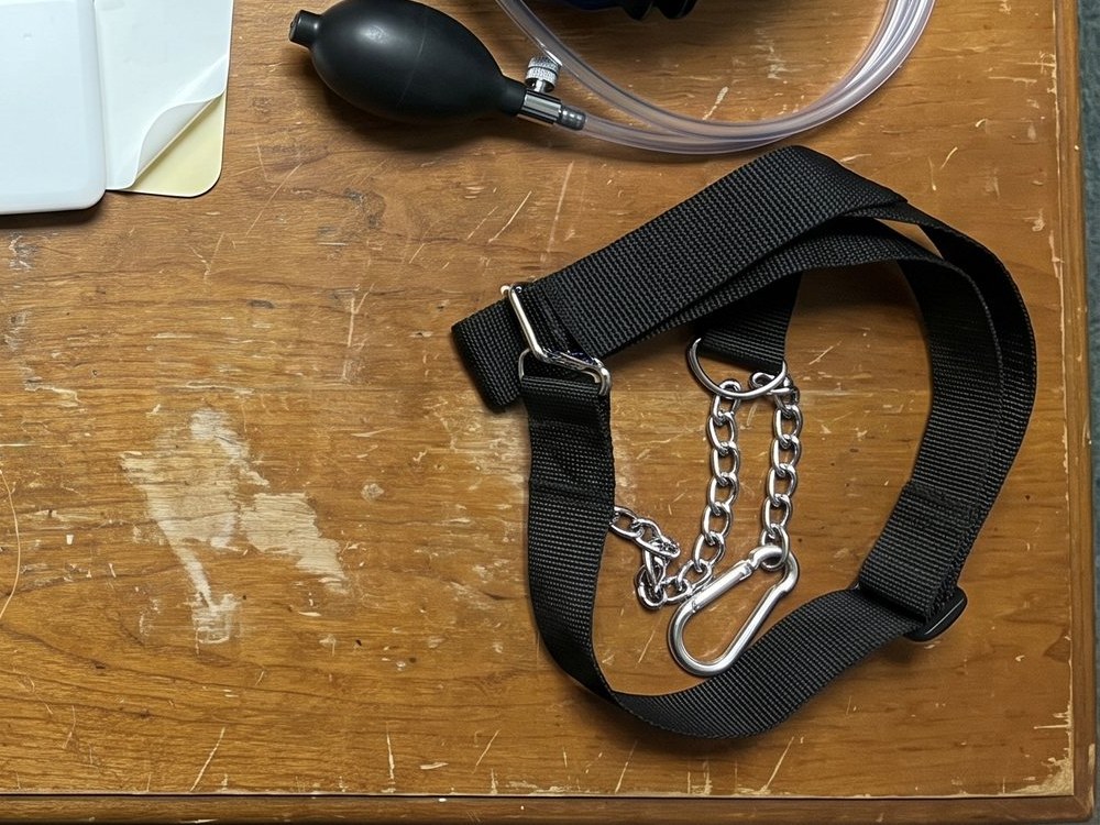 A black nylon head strap with a steel chain and a carabiner lying on a scuffed wooden desk