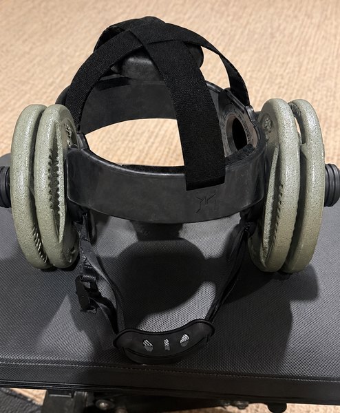 The EZ-HELM V2 loaded with grey iron plates on each side, resting on a bench