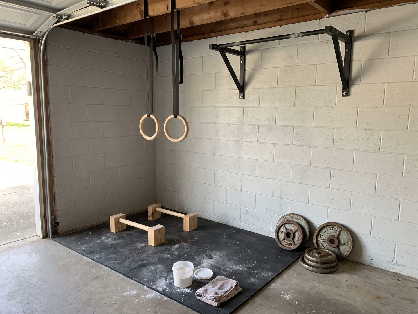 A garage corner set up for calisthenics, with wooden rings hanging from a joist, a pull-up bar, homemade parallettes on a mat and a short stack of old iron plates
