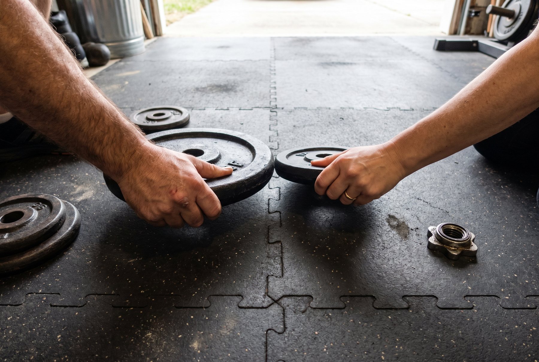 A man's hand and a woman's hand each holding a different size cast iron weight plate on a garage gym floor