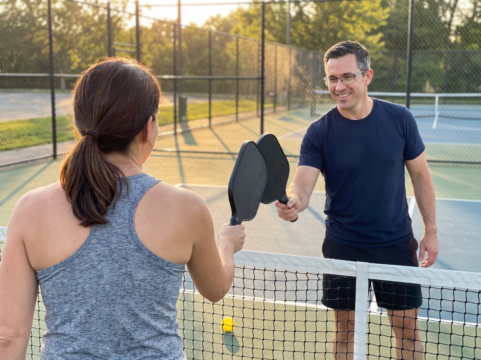 The author grinning and tapping paddles over the net with his wife, who has her back to the camera, at the end of a close game in golden evening light