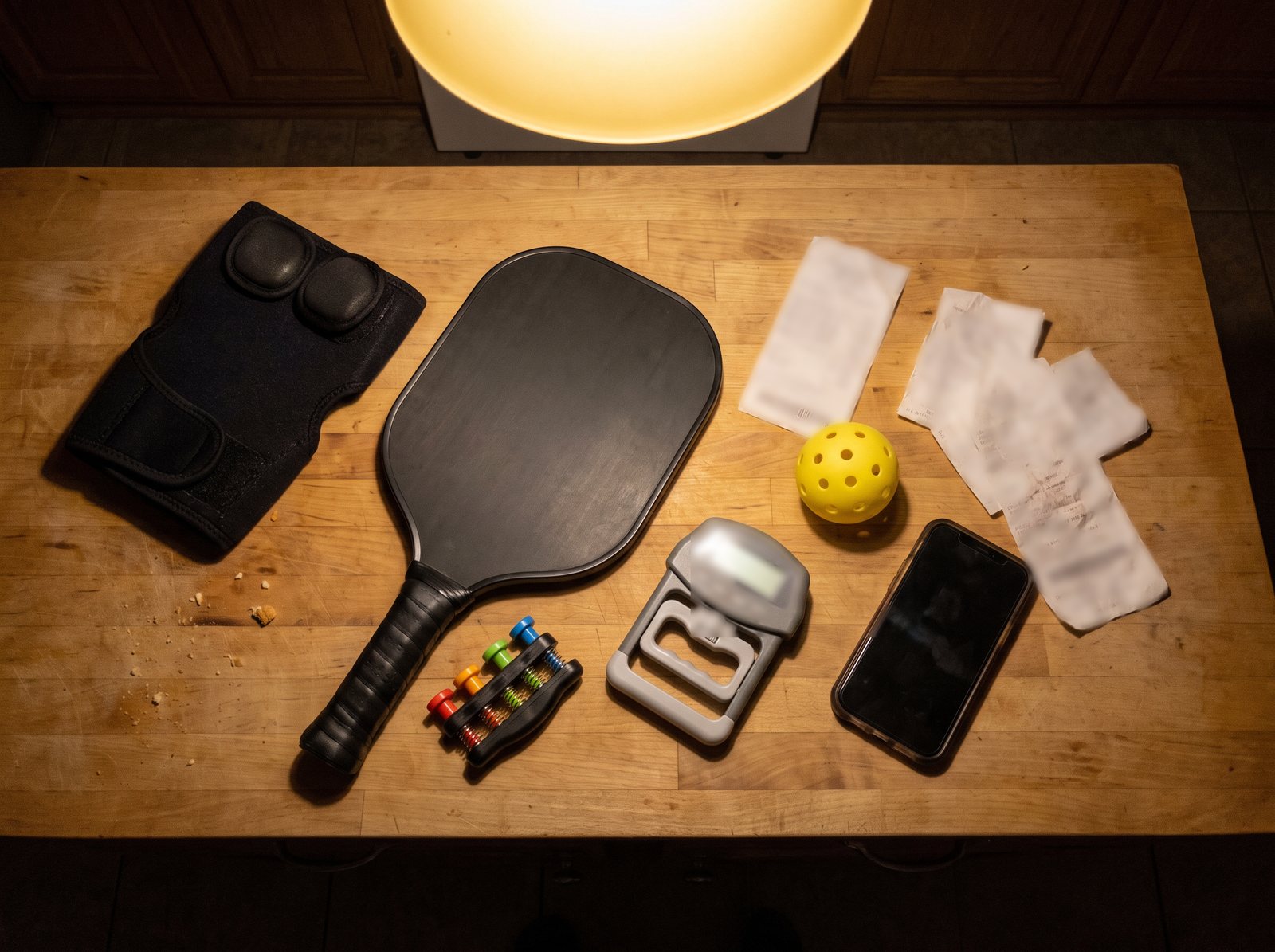 An elbow strap, a new pickleball paddle, a finger grip trainer, a hand grip gauge and crumpled receipts on a kitchen counter at night
