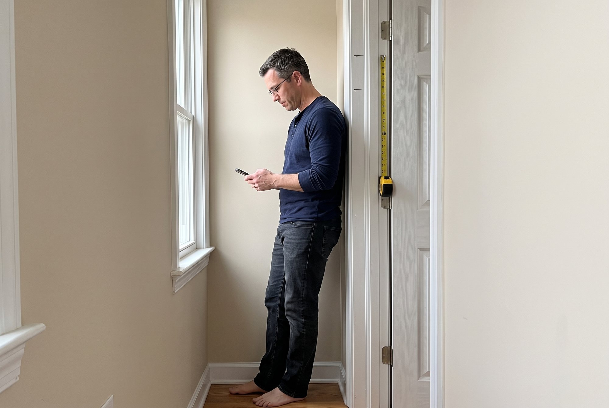 The author leaning in a hallway by a window, head forward over his phone