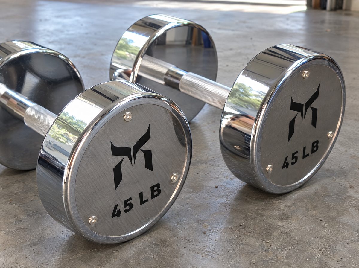 Two chrome 45 pound dumbbells with knurled handles on a concrete garage floor