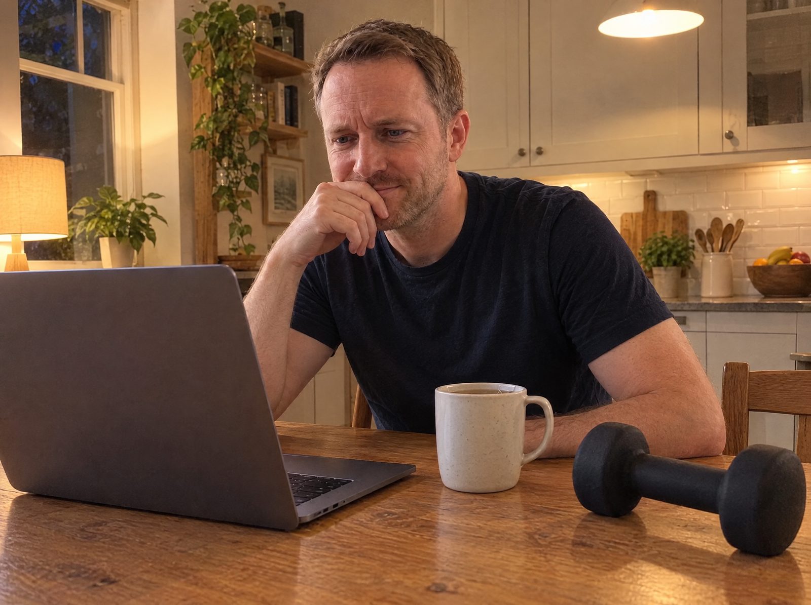 A man at a kitchen table in the evening looking at a laptop, a mug of tea and a black urethane dumbbell beside it