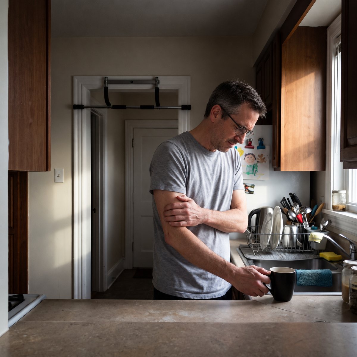 A man in glasses at a kitchen counter holding his upper arm above the elbow, his other hand on a coffee mug
