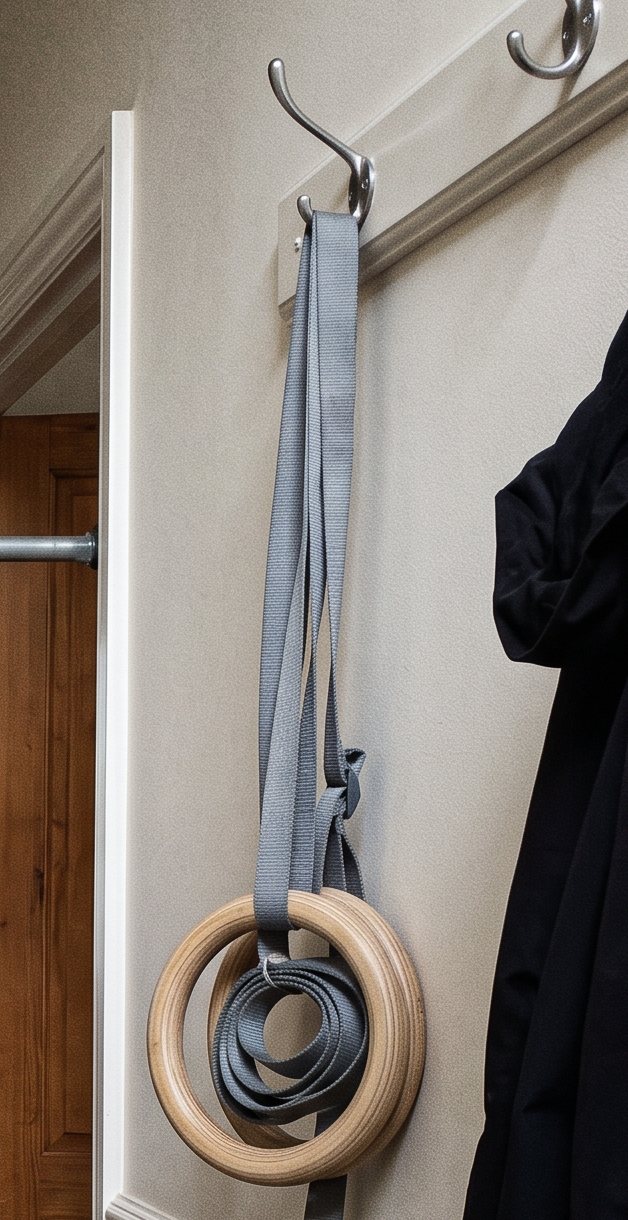 A pair of wooden gymnastics rings with grey straps hanging from a coat hook on a hallway wall
