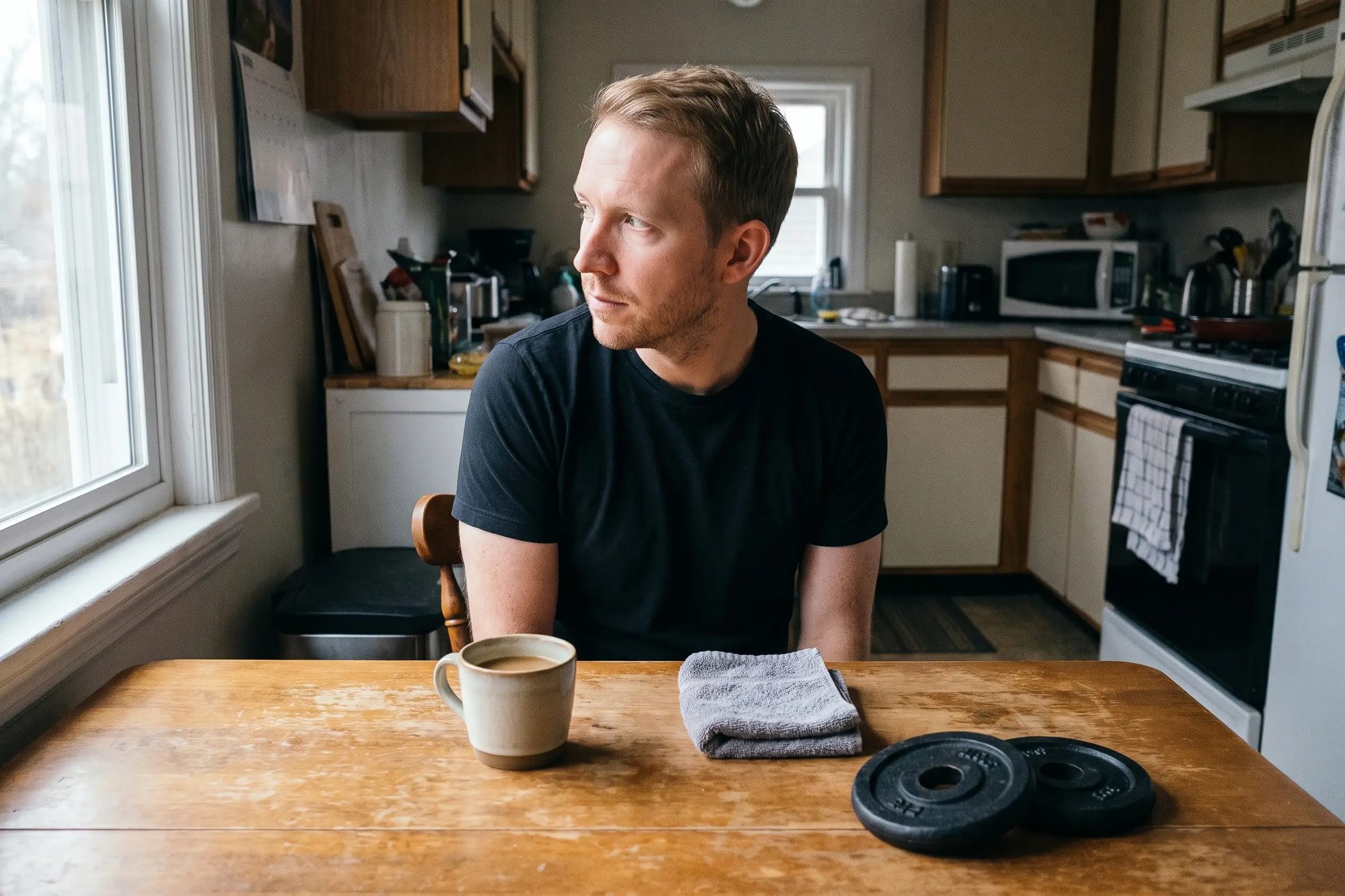 A man in a black t-shirt sitting upright at a kitchen table in morning light, turning his head easily to look over his shoulder, a mug of coffee and two small weight plates on the table