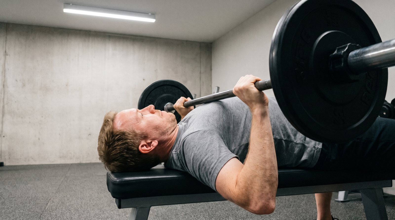 A man lying on a flat bench in a concrete-walled gym, gripping a loaded barbell and bracing to press it off his chest